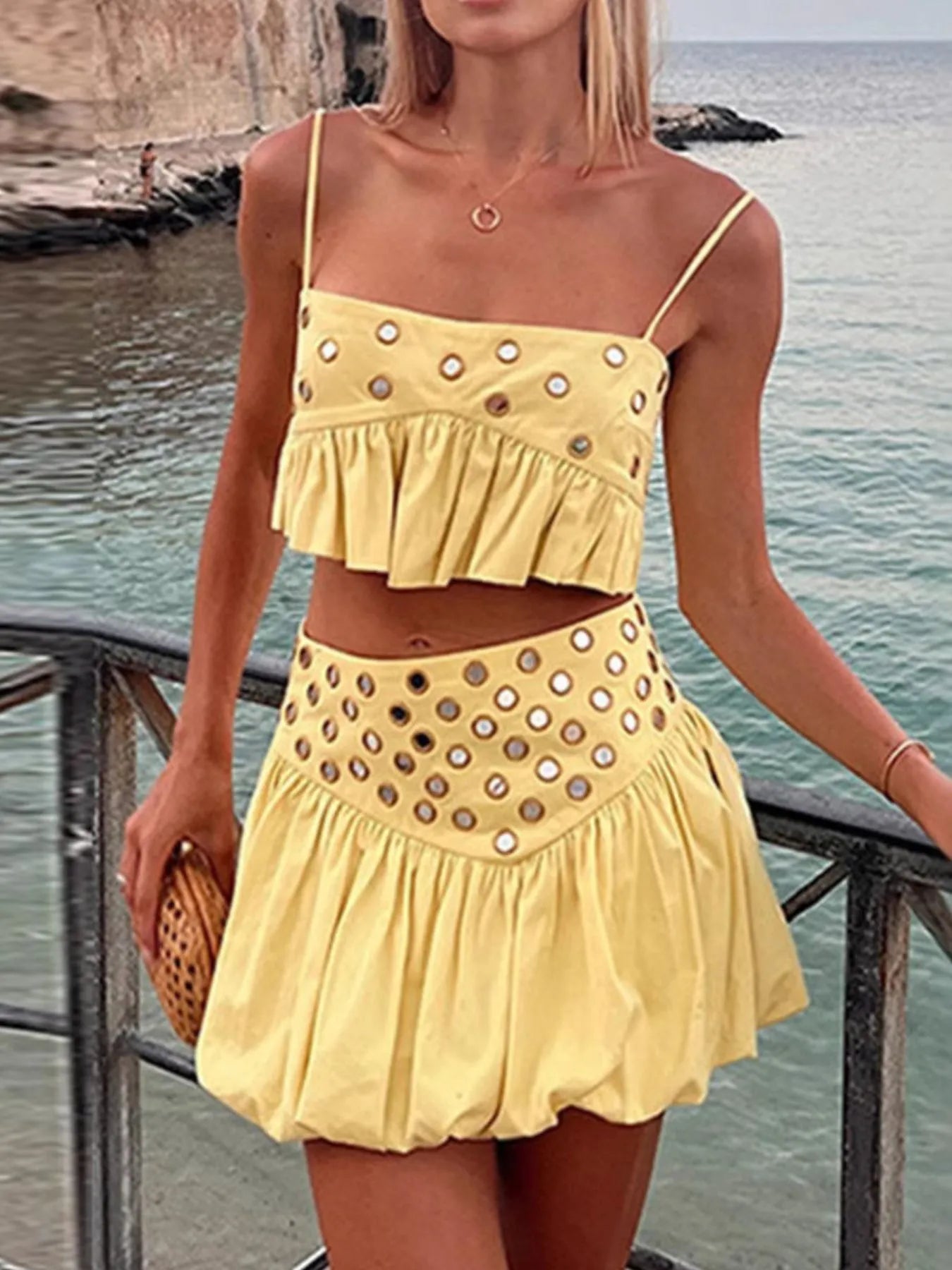 Hazel Blues® |  Eyelet Cami and Bubble Skirt Set