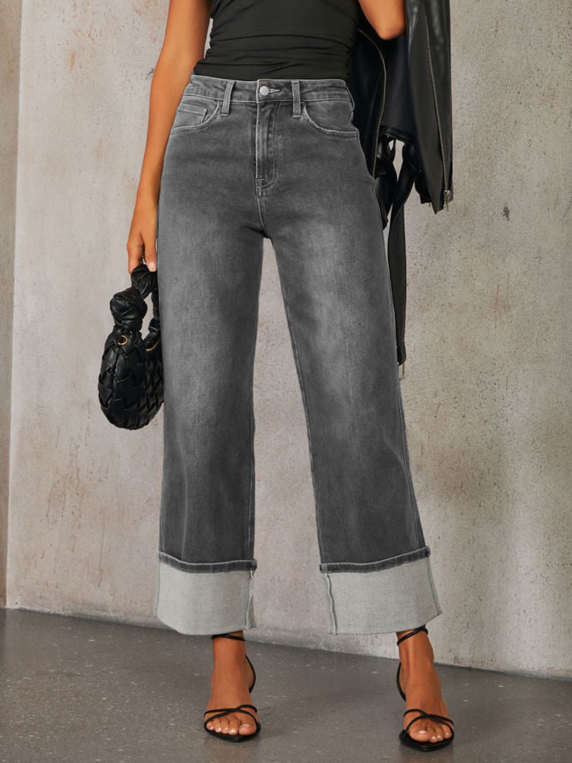 Hazel Blues® |  High Waisted Straight Leg Rolled Jeans