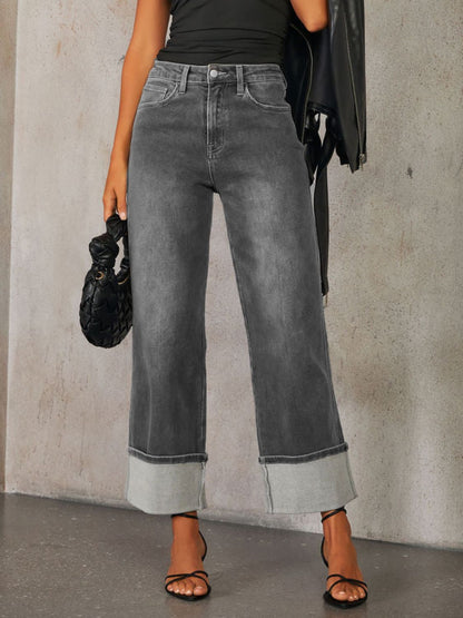 Hazel Blues® |  High Waisted Straight Leg Rolled Jeans