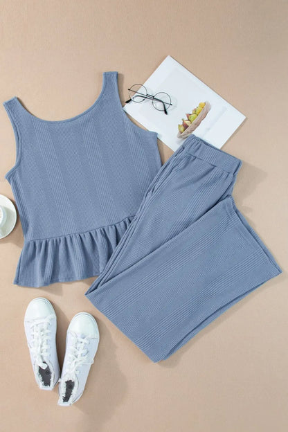 Hazel Blues® |  Color Ribbed Ruffle Tank Top and Pants Set