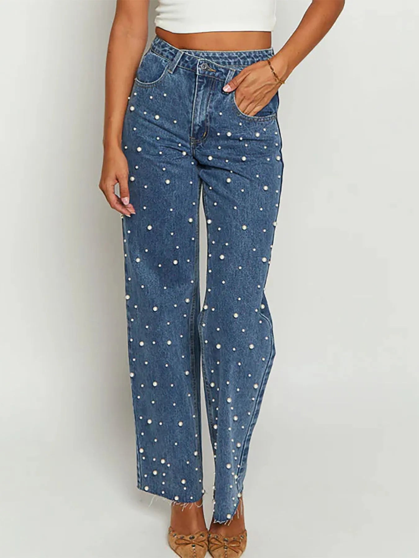 Hazel Blues® |  Pearl Embellished High Waist Straight Leg Jeans