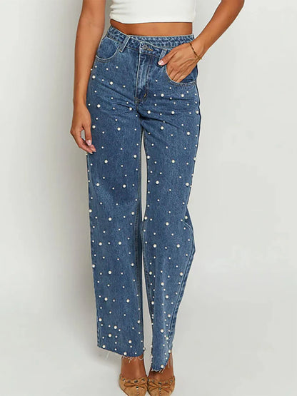 Hazel Blues® |  Pearl Embellished High Waist Straight Leg Jeans