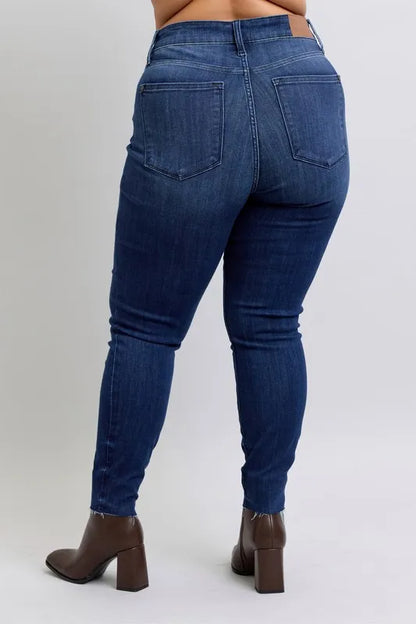 Hazel Blues® | Judy Blue Mid Rise Skinny Jeans with Raw Hem
