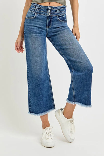 Hazel Blues® |  RISEN High Rise Crop Wide Leg Jeans with Wide Band Detail