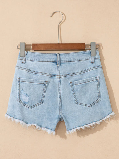 Hazel Blues® |  High Rise Distressed Raw Hem Denim Shorts