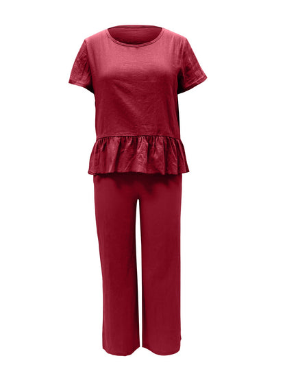 Hazel Blues® |  Peplum Round Neck Short Sleeve Top and Pants Set