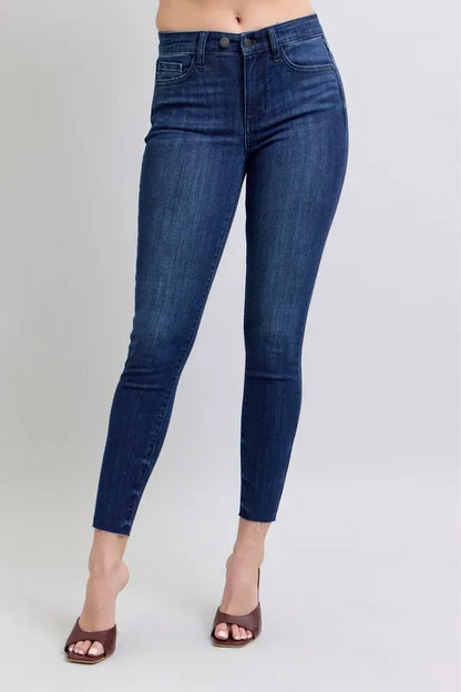 Hazel Blues® | Judy Blue Mid Rise Skinny Jeans with Raw Hem