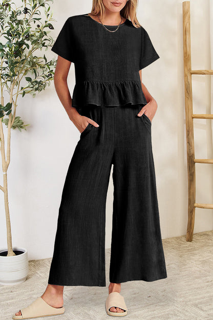 Hazel Blues® |  Peplum Round Neck Short Sleeve Top and Pants Set