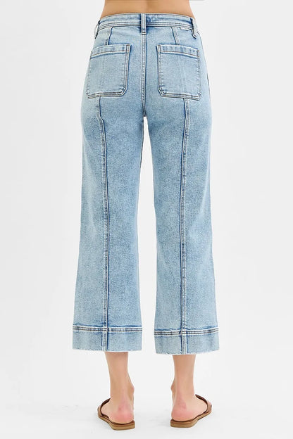 Hazel Blues® | RISEN High Rise Crop Wide Front Seam Detailed Jeans