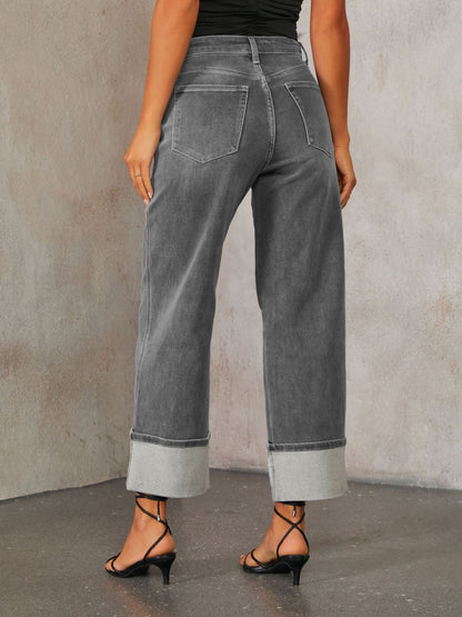 Hazel Blues® |  High Waisted Straight Leg Rolled Jeans