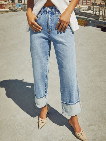 Hazel Blues® |  High Waisted Straight Leg Rolled Jeans