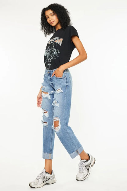 Hazel Blues® |  Kancan Mid Rise Distressed Boyfriend Fit Jeans