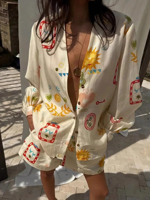 Hazel Blues® |  Button Up Long Sleeve Shirt and Shorts Set
