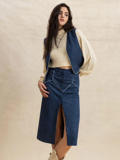 Hazel Blues® |  Open Front Vest and Buttoned Skirt Set
