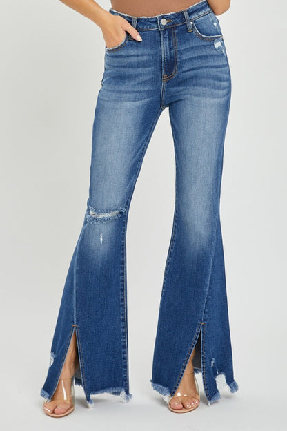 Hazel Blues® |  RISEN High Rise Front Slit Frayed Hem Flare Jeans