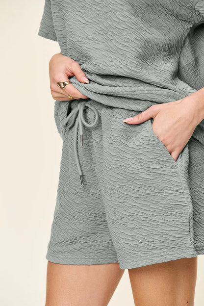 Hazel Blues® |  Double Take Texture Short Sleeve T-Shirt and Drawstring Shorts Set