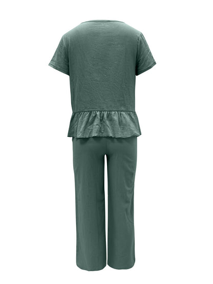 Hazel Blues® |  Peplum Round Neck Short Sleeve Top and Pants Set