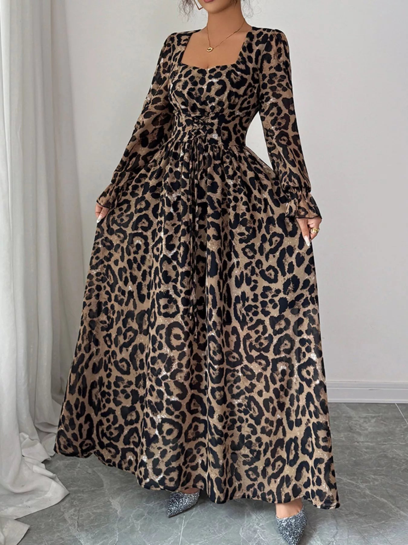 Hazel Blues® |  Leopard Sweetheart Neck Flounce Sleeve Maxi Dress