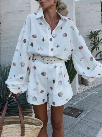 Hazel Blues® |  Shell Print Long Sleeve Shirt and Belt Shorts Set