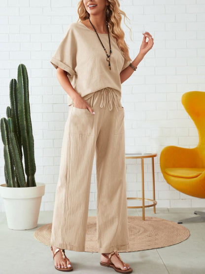 Hazel Blues® |  Round Neck Half Sleeve Top and Pocketed Pants Set