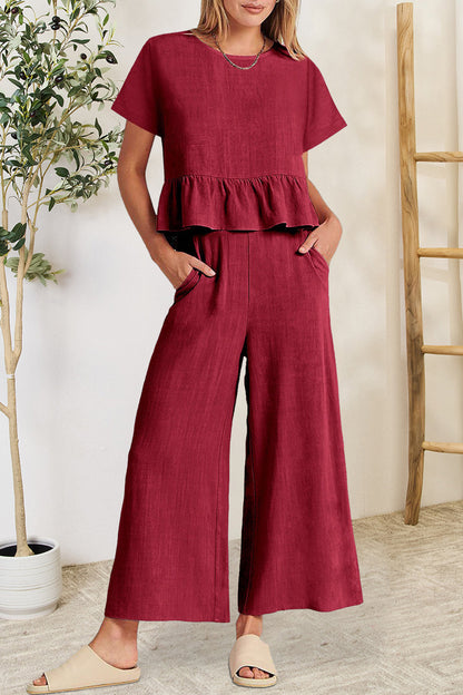 Hazel Blues® |  Peplum Round Neck Short Sleeve Top and Pants Set