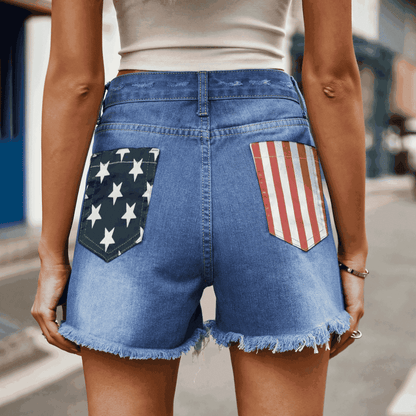 Hazel Blues® |  US Flag Distressed Denim Shorts