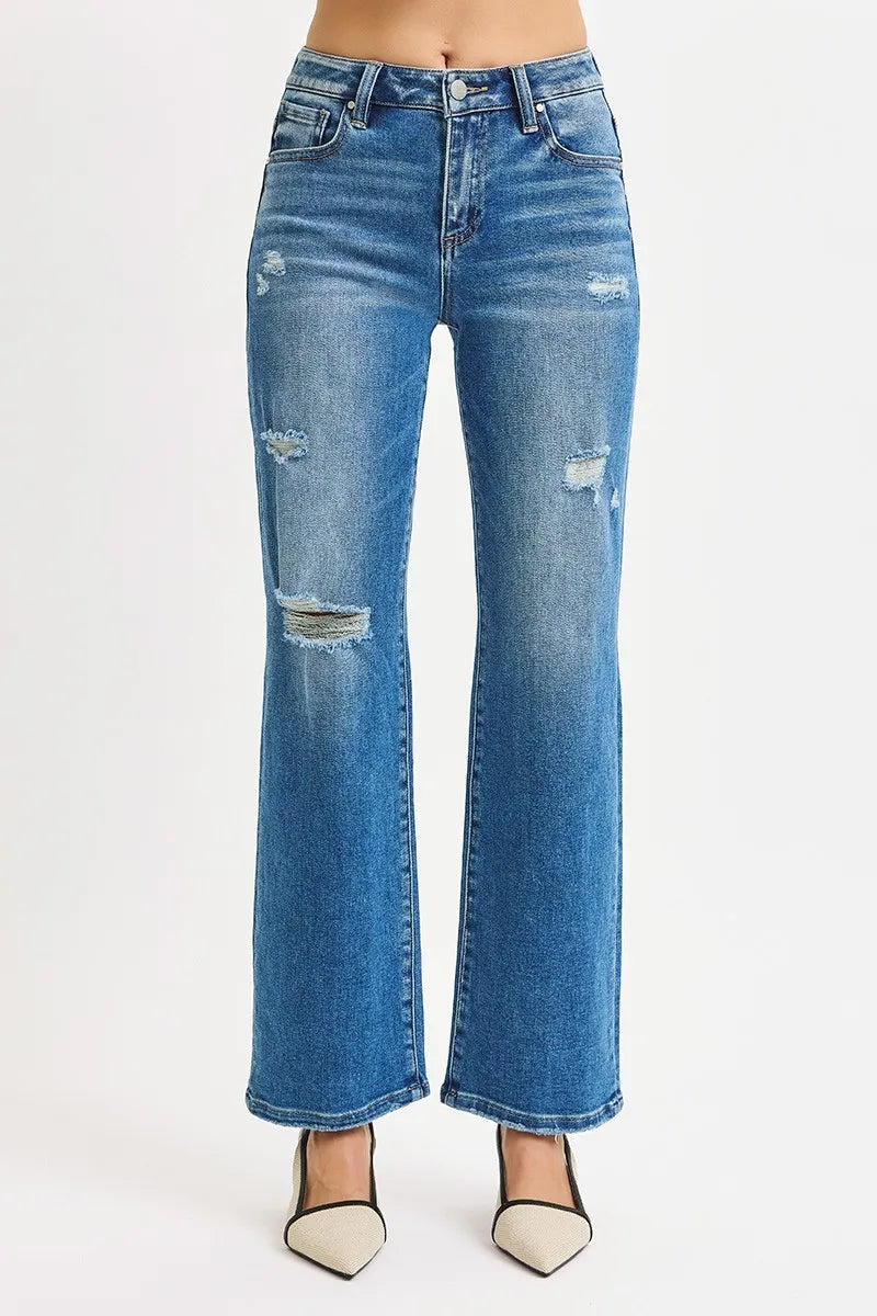 Hazel Blues® | RISEN High Rise Ankle Straight Front Body Distressed Jeans