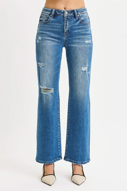 Hazel Blues® | RISEN High Rise Ankle Straight Front Body Distressed Jeans