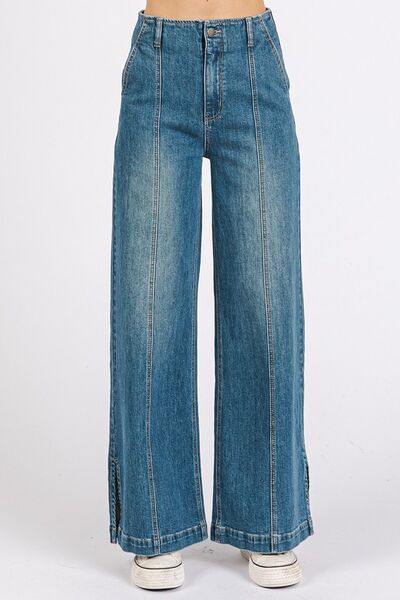 Hazel Blues® |  Mittoshop Medium Wash Seam Detail Wide Leg Denim Jeans