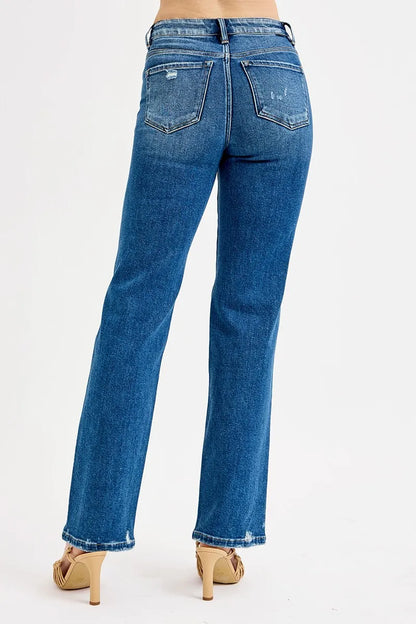 Hazel Blues® | RISEN Tummy Control High Rise Straight Distressed Jeans