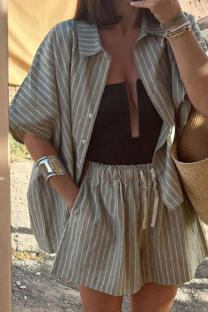 Hazel Blues® |  Striped Linen Shirt and Shorts Two-Piece Summer Set