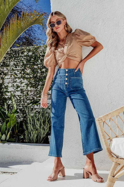 Hazel Blues® |  Button Fly Cropped Wide Leg Jeans
