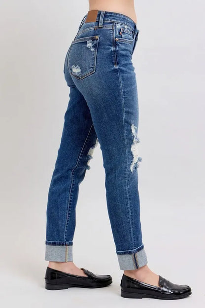 Hazel Blues® | Judy Blue Mid Rise Boyfriend destroy Jeans with Yoke Pockets and Faux Selvedge Cuff
