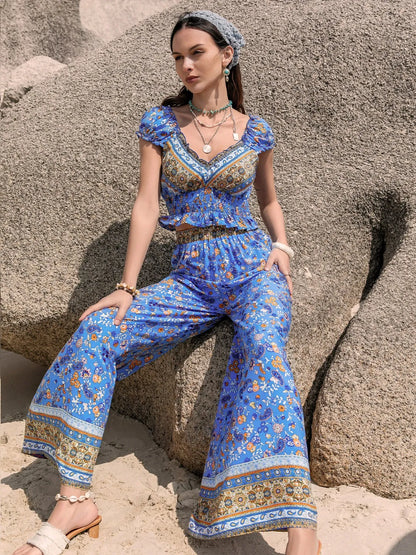 Hazel Blues® |  Printed V-Neck Top and Pants Set