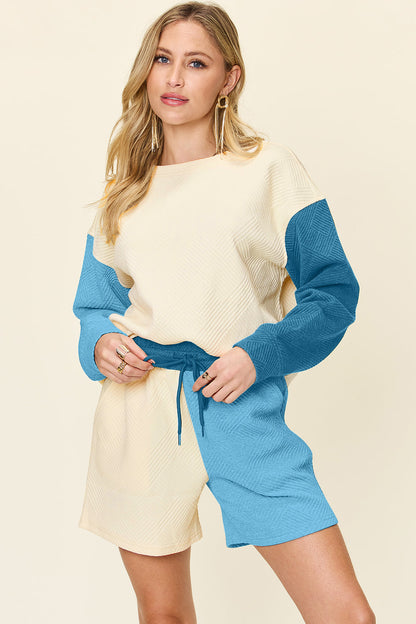 Hazel Blues® |  Double Take Contrast Drop Shoulder Top and Shorts Set