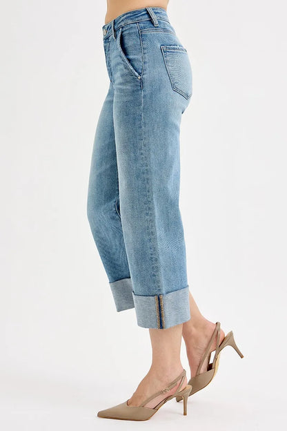 Hazel Blues® | RISEN Tummy Control High Rise Ankle Wide Cuffed Jeans