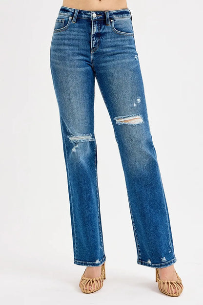Hazel Blues® | RISEN Tummy Control High Rise Straight Distressed Jeans