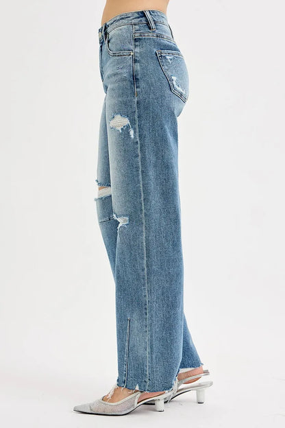 Hazel Blues® | RISEN Mid Rise Fit Wide Baggy Leg Tie Washed Jeans