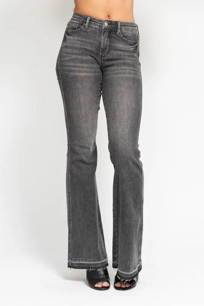 Hazel Blues® | Judy Blue Mid Rise Tummy Control Washed Gray Release Hem Flare Jeans