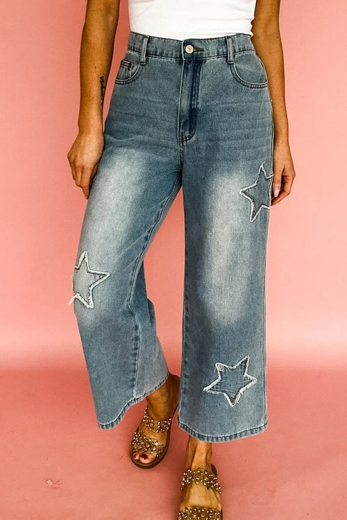 Hazel Blues® |  Star Embroidered High Waist Wide Leg Jeans