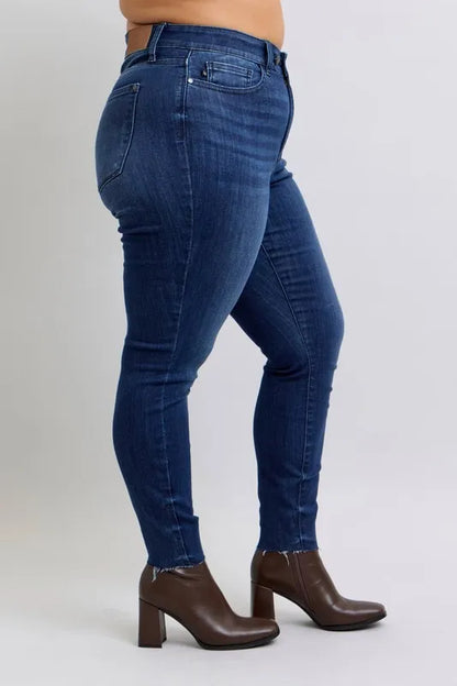 Hazel Blues® | Judy Blue Mid Rise Skinny Jeans with Raw Hem