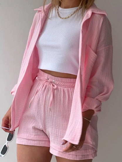 Hazel Blues® |  Textured Button Up Shirt and Shorts Set