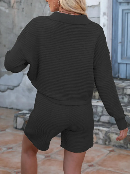 Hazel Blues® |  Johnny Collar Long Sleeve Top and Shorts Sweater Set