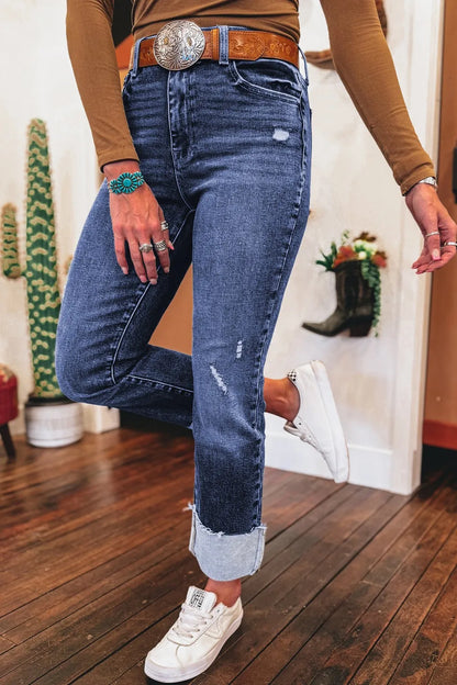 Hazel Blues® |  Folded Cuffs Distressed Straight High Waist Jeans