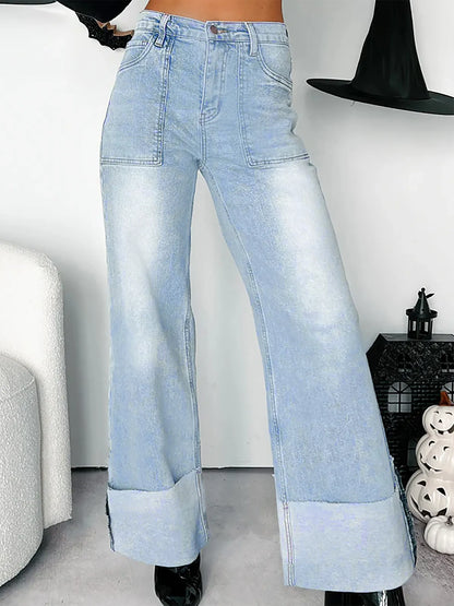 Hazel Blues® |  High-Waisted Wide-Leg Jeans with Cuffed Hem