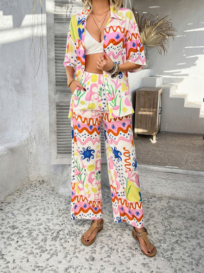 Hazel Blues® |  Devine Printed Button Down Shirt and Pants Set