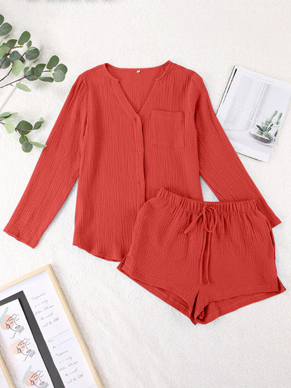Hazel Blues® |  Notched Long Sleeve Top and Shorts Set
