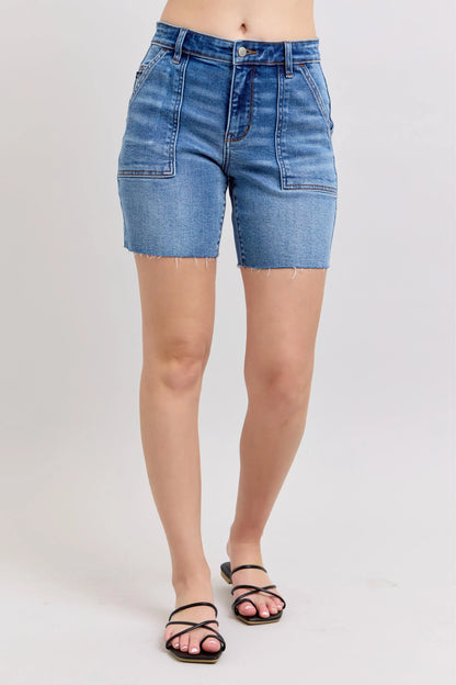 Hazel Blues® | Judy Blue Mid Rise Bermudas Denim Shorts W/ Back Flap Pockets