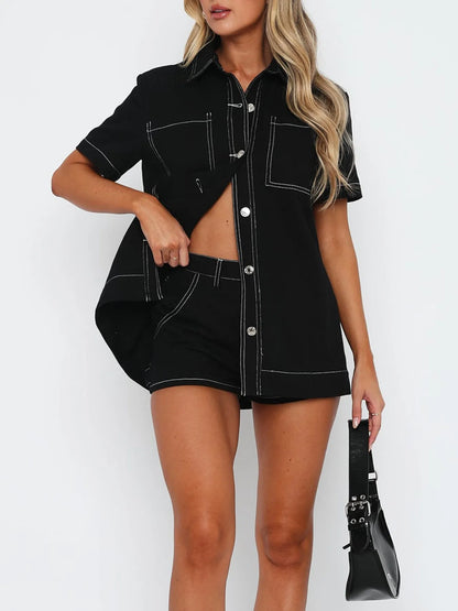 Hazel Blues® |  Button Up Short Sleeve Top and Shorts Denim Set