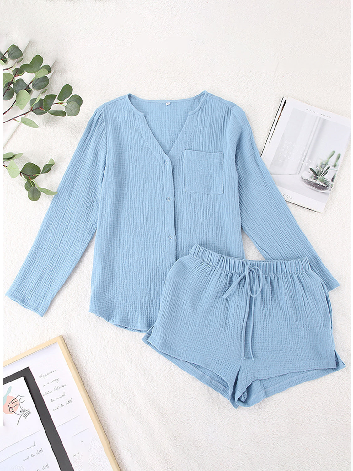 Hazel Blues® |  Notched Long Sleeve Top and Shorts Set